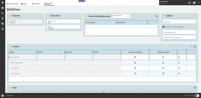 Data View designer for a view named BAQView with Server Schema BAQ, a BAQ Id selected and the BAQ columns listed