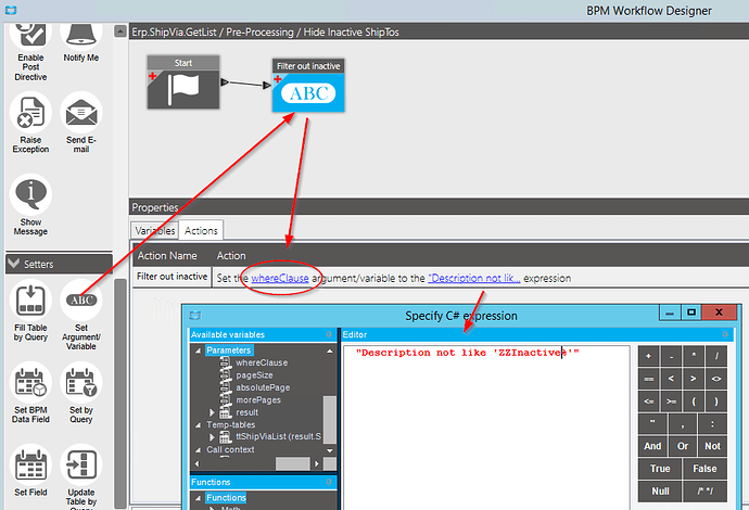 A pre-processing directive on Erp.BO.ShipVia.GetList with a Set Argument/Variable widget setting whereClause, and the Specify C# expression editor holding a Description not like filter