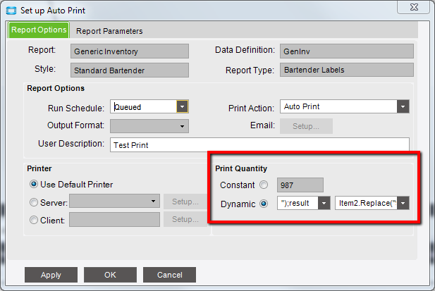 Set up Auto Print dialog, Report Options tab: report, style, run schedule, print action, printer choice and print quantity