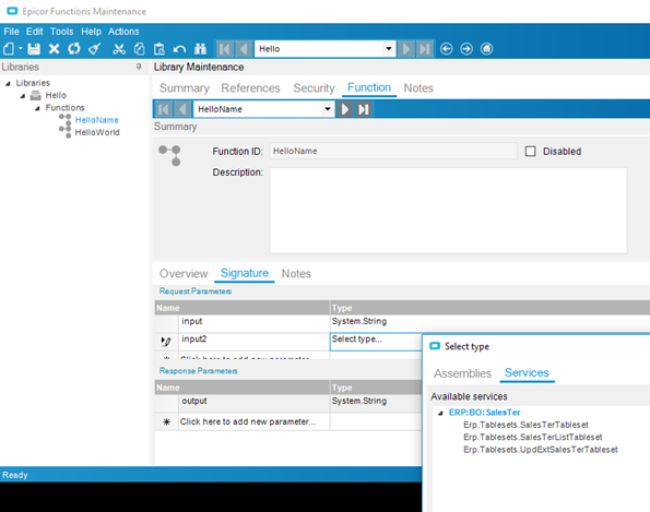 Function Signature tab with two string request parameters, one string response parameter, and the Select type dialog listing tablesets from a referenced service