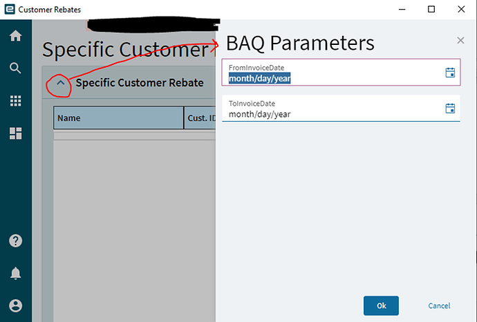 The default BAQ Parameters slide-out, with two date parameters, opened by expanding the dashboard grid card