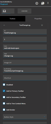 Page tool settings for a Change Log tool: ID, Sequence, Icon mdi mdi-book-open, Text, Ep Binding and Add to Primary ToolBar ticked
