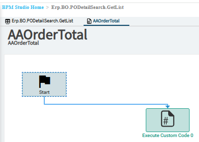 Post-processing directive on Erp.BO.PODetailSearch.GetList in the BPM designer: Start connected to an Execute Custom Code widget