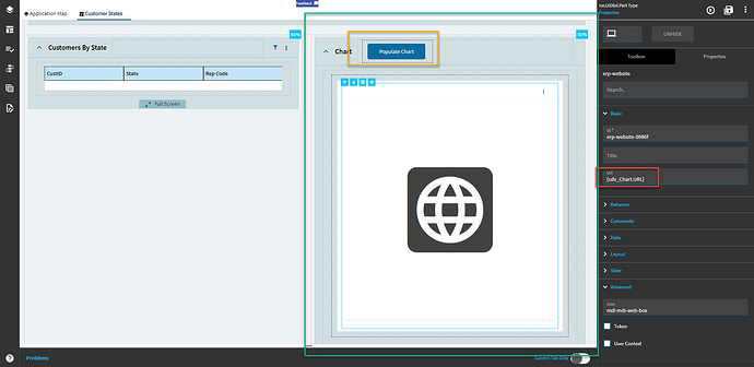 A Chart panel card holding a Website widget whose URL property is bound to the chart view URL column, with a Populate Chart button in the card header