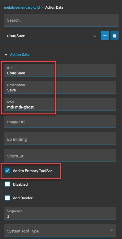 Grid Action Data with a tool whose ID, Description and Icon (mdi mdi-ghost) are filled in and Add to Primary ToolBar ticked
