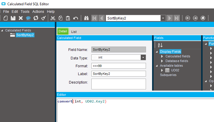 Calculated field editor with an int field named SortByKey2 whose expression converts UD02.Key2 to int