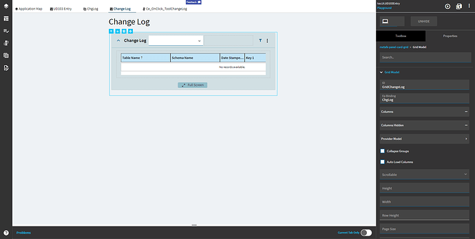 A SlidingPanel page holding a Change Log panel card grid whose Grid Model Ep Binding is the change log view