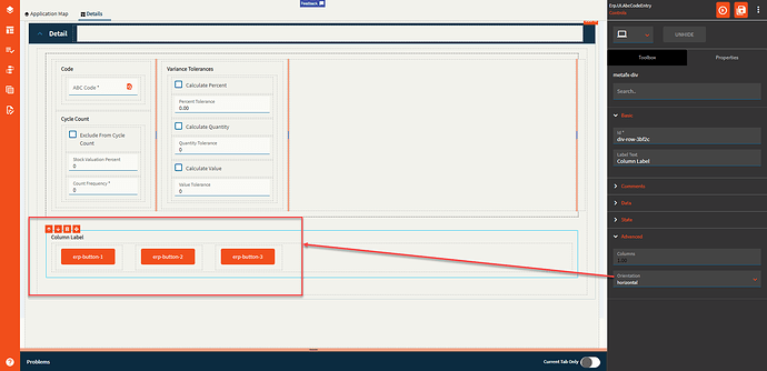 A column container with Label Text “Column Label” and Orientation horizontal, laying out three buttons side by side