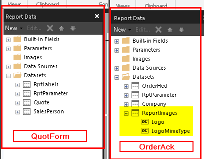 Report Data panes side by side: QuotForm has no ReportImages dataset, OrderAck has ReportImages with Logo and LogoMimeType fields