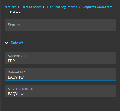 Request Parameters > Dataset with System Code ERP and the view name in both Dataset Id and Server Dataset Id