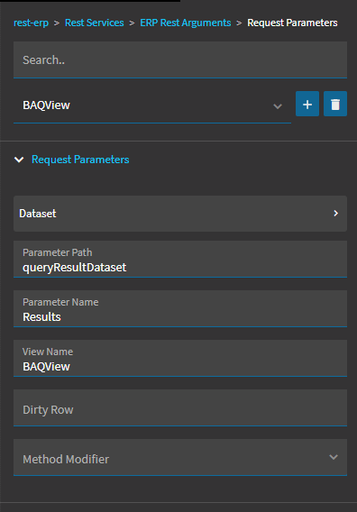 rest-erp ERP Rest Arguments > Request Parameters with Parameter Path queryResultDataset, Parameter Name Results and the view name