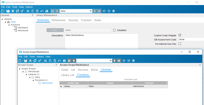 Access Scope Maintenance with a function library and one of its functions added to the scope