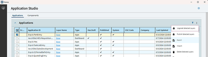 The Application Studio home page: the Applications grid lists each application with its Layer Name link, Type, Has Draft, Published, System, CGC Code and Company columns