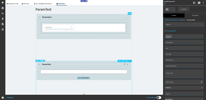 Dashboard page with a Parameters card holding a Part Type combo box above the results grid, whose Provider Model Ep Binding points at the placeholder view