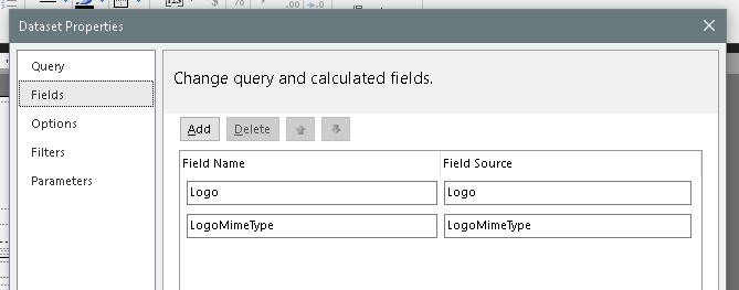 Dataset Properties Fields page for ReportImages with Logo and LogoMimeType fields