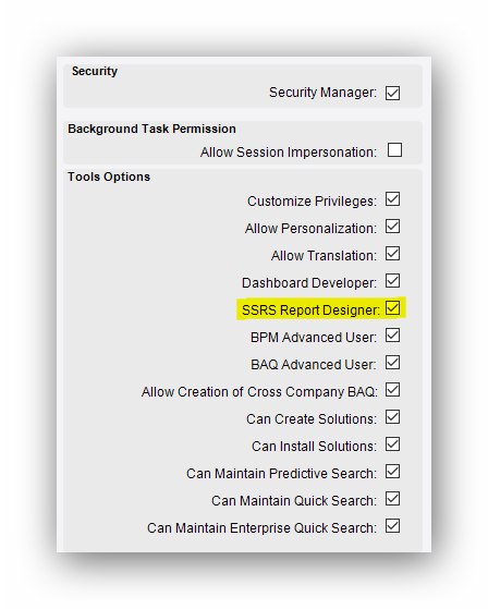 User Account Security Maintenance Tools Options with the SSRS Report Designer check box highlighted