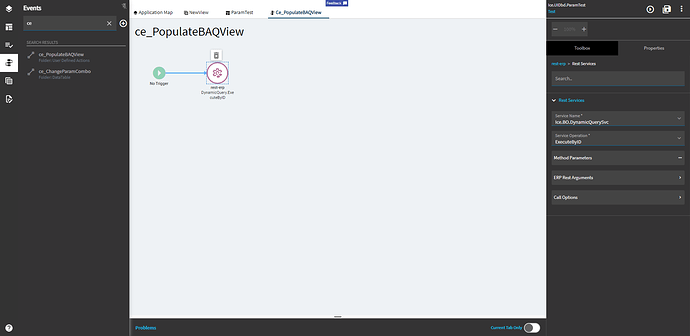 A user-defined event with No Trigger and one rest-erp widget calling Ice.BO.DynamicQuerySvc ExecuteByID