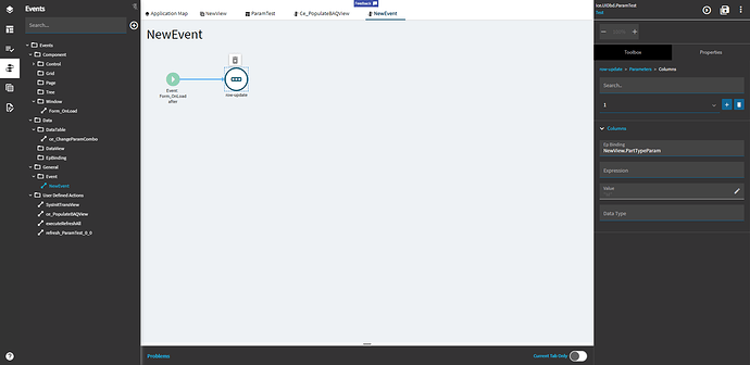 On-load event: a Form_OnLoad after trigger followed by a row-update that sets the parameter column