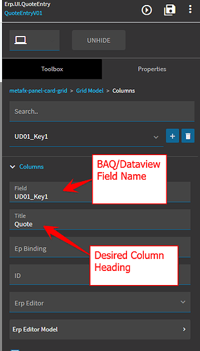 Grid Model > Columns with one column defined: Field holds the BAQ field name and Title holds the column heading