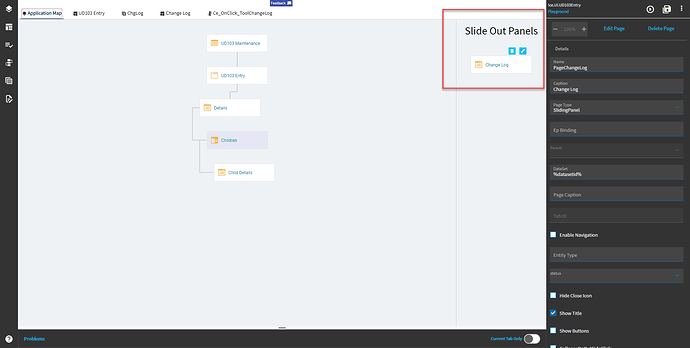 Application Map of an entry screen: the landing page, the entry Tab and its child pages, with a SlidingPanel page selected in the separate Slide Out Panels area and its properties on the right