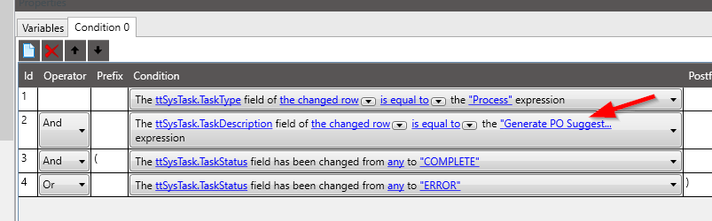 Condition widget properties with four lines joined by And and Or, using the Prefix and Postfix columns to bracket the last two lines together