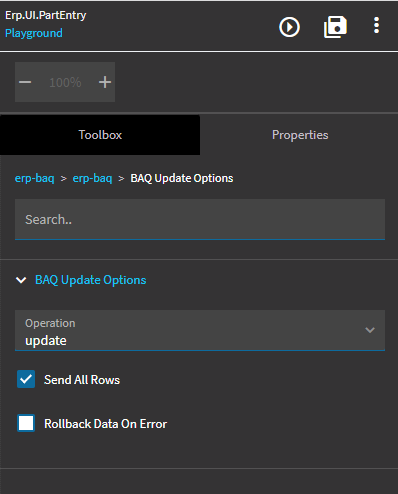 erp-baq BAQ Update Options with Operation update, Send All Rows ticked and Rollback Data On Error unticked