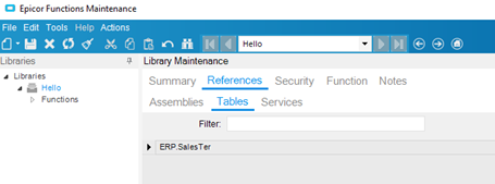 Library References card with the Tables tab selected and one ERP table listed