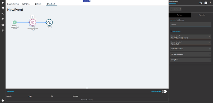 Application Studio with the designer icons in the left sidebar, four tabs open across the top (Application Map, a data view, a page and an event) and the Problems panel expanded at the bottom