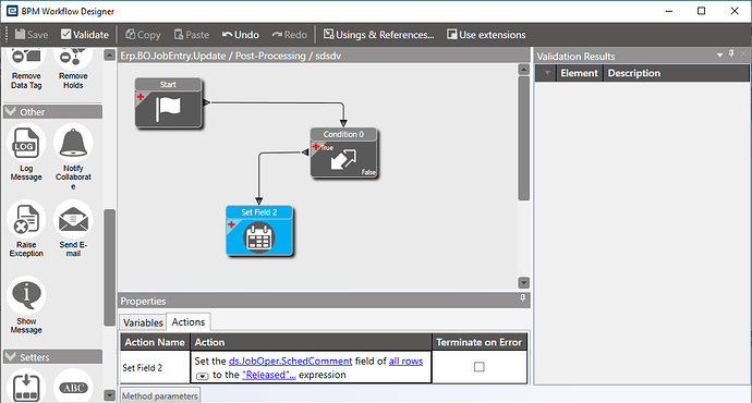 The BPM Workflow Designer: a toolbox of widgets on the left (including Raise Exception, Send E-mail and Show Message), a canvas with Start connected to a Condition whose True exit leads to a Set Field, and the Set Field action in the Properties panel