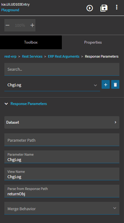 rest-erp Response Parameters with Parameter Name ChgLog, the change log view as View Name and Parse from Response Path returnObj
