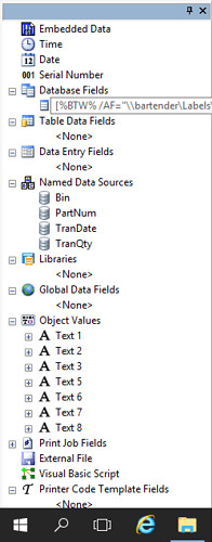 BarTender Designer’s data source panel with a single database field containing the %BTW% command line instead of the report’s field names