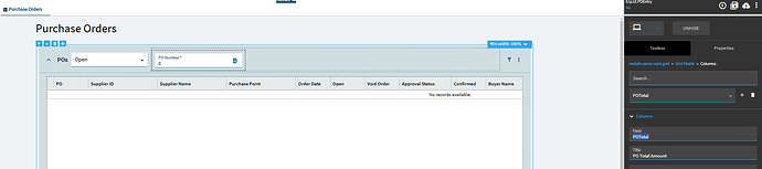 Purchase Order Entry landing grid in Application Studio with a new Grid Model column whose Field is the added column name and whose Title is the header text