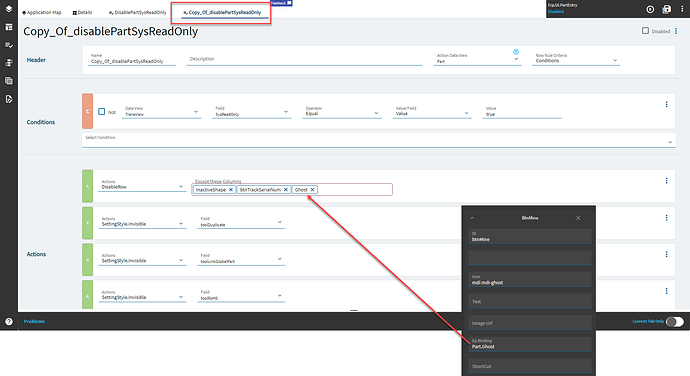A copied read-only rule: condition TransView.SysReadOnly Equal true, and a DisableRow action whose Except these columns list includes the Ep Binding column of a custom button