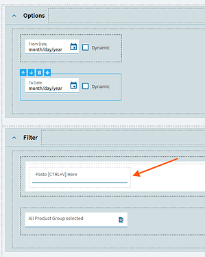A Filter card with a text box labelled “Paste (Ctrl+V) Here” above a search chip selector
