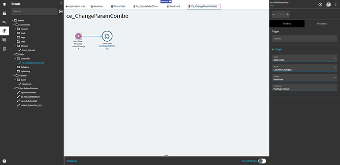 On-change event with trigger Type DataTable, Hook Column Changed, the parameter view as Target and the parameter column in Columns, followed by event-next