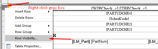 Right-click menu on a row’s gray handle with Row Visibility highlighted