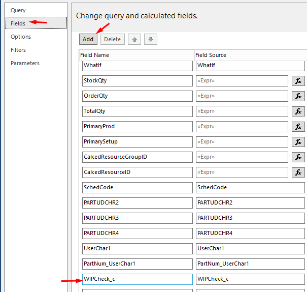 Dataset Properties Fields page with a new WIPCheck_c row added at the bottom