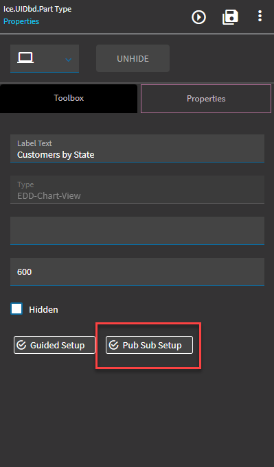 Data Discovery Chart widget properties with the Guided Setup and Pub Sub Setup buttons
