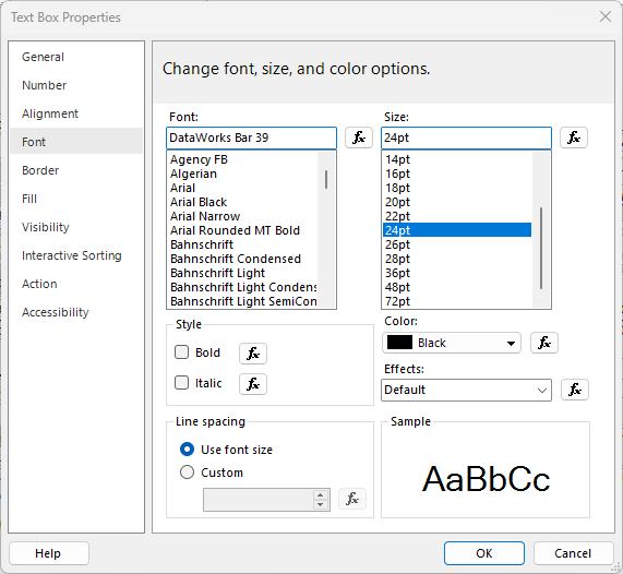 Text Box Properties Font page with DataWorks Bar 39 selected at 24pt