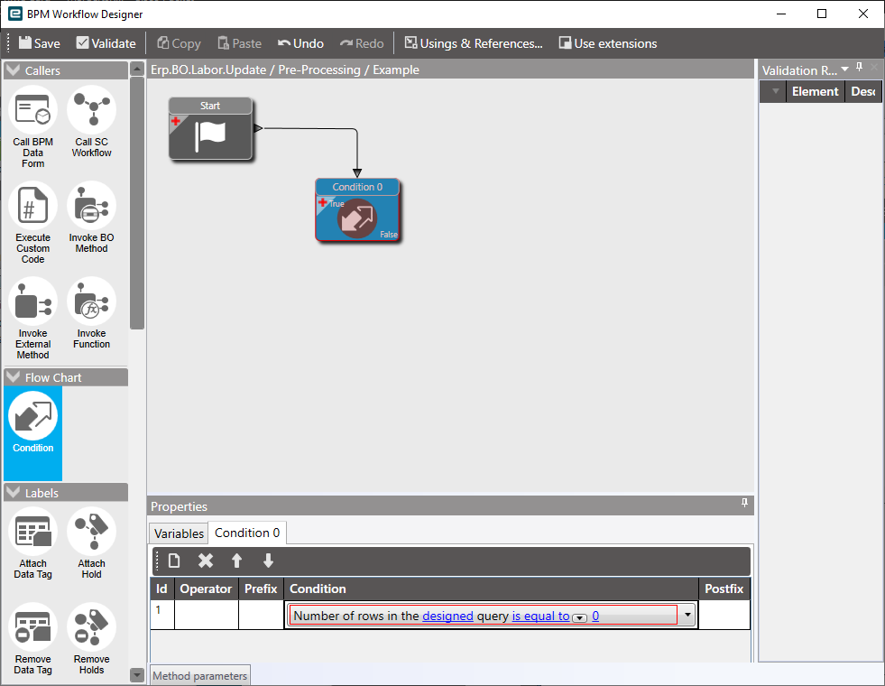 BPM Workflow Designer with a Condition widget after Start and its condition line “Number of rows in the designed query is equal to 0”, with Id, Operator, Prefix, Condition and Postfix columns