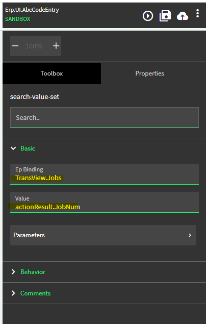 search-value-set with Ep Binding TransView.Jobs and Value actionResult.JobNum