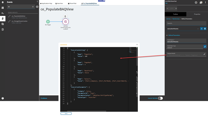 The executionParams method parameter (type dataset) with its dataset editor open, showing ExecutionSetting entries and an ExecutionParameter whose value comes from a data view column