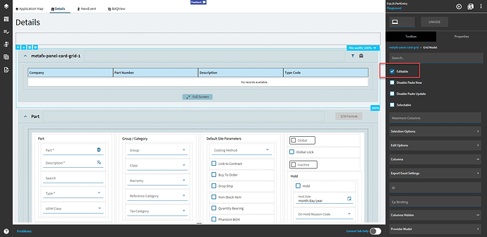 Panel card grid selected in the designer with Grid Model > Editable ticked in the Properties panel