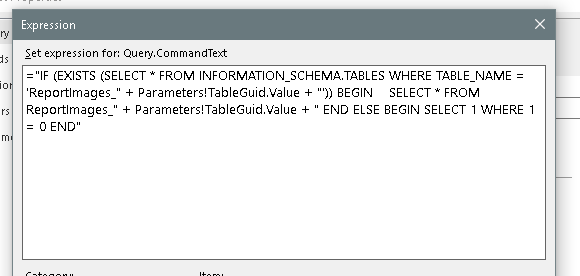 Expression dialog for the ReportImages dataset query, which selects from the ReportImages table only if it exists
