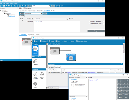 Function Designer canvas with Start connected to a Set Argument/Variable widget that sets the output parameter to a text expression