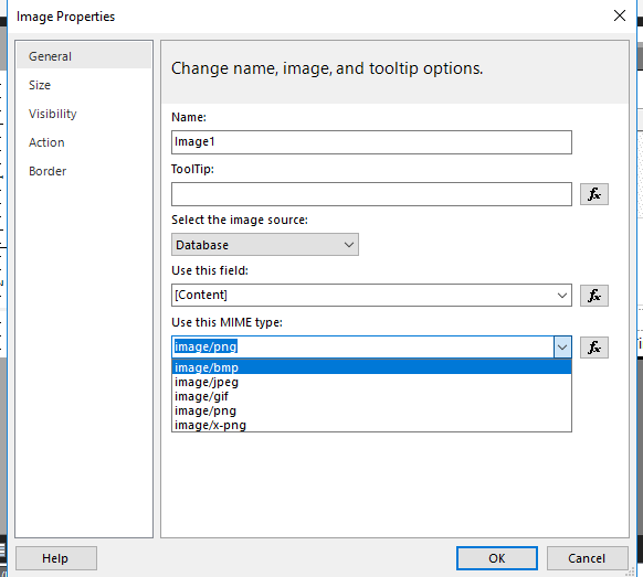 Image Properties with Database as the image source, a Content field and the MIME type drop-down open