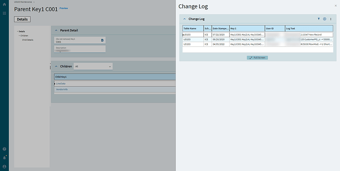 The finished Change Log slide-out open over a UD maintenance screen, listing change log rows (user IDs blurred)
