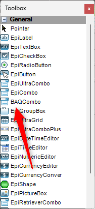 Customization ToolBox with the BAQCombo control highlighted
