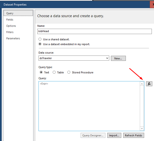 Dataset Properties Query page with the fx button beside the query highlighted