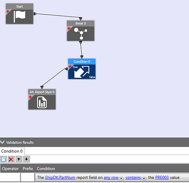 APR rule: Start, Break and Condition elements with the true branch going to Alternate Report Style, and the condition testing ShipDtl.PartNum on any row